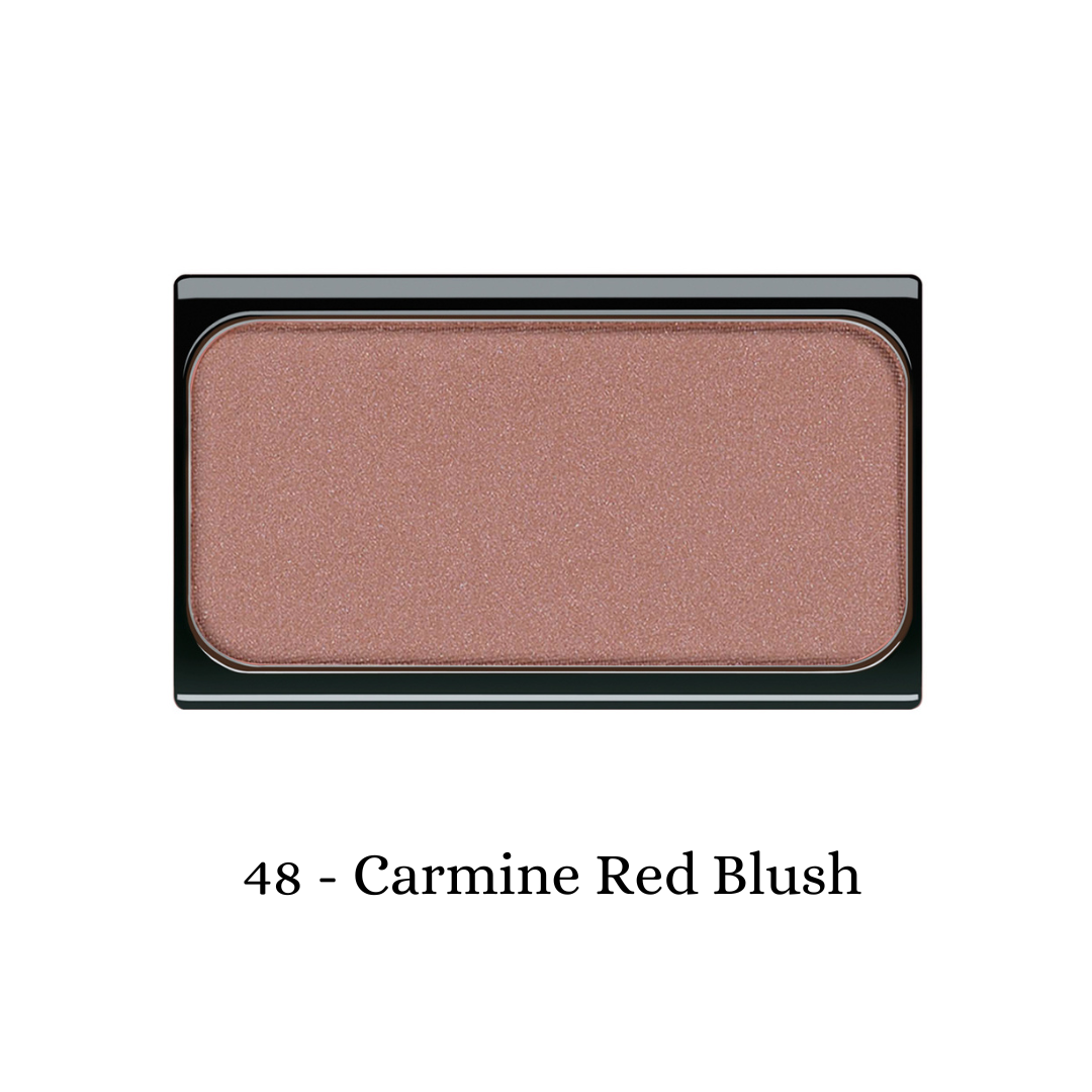 ARTDECO blush in vibrant carmine red, showing a powder blush compact with smooth, pigmented formula for rosy cheeks.