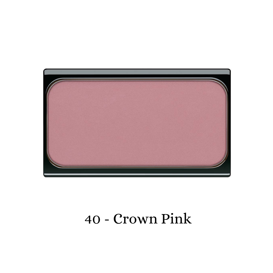 ARTDECO pink blush in a crown-shaped compact, showcasing a soft, rosy hue for natural, radiant cheeks.