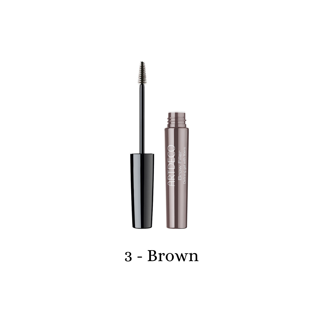 ARTDECO brow filler for eyebrows in brown, showcasing a close-up of the product tube and color swatch.