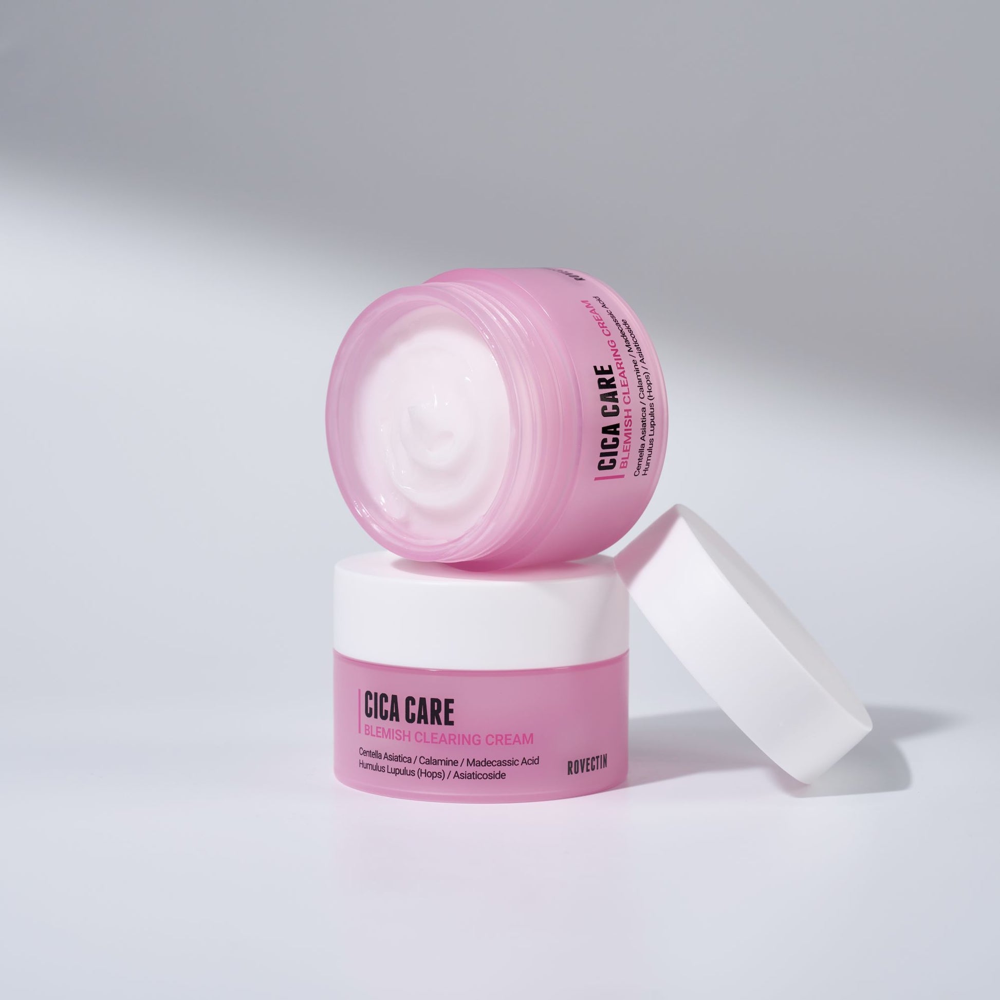 Rovectin Cica Care Blemish Clearing Cream 50ml face moisturizer in a white jar with a blue label and lid.