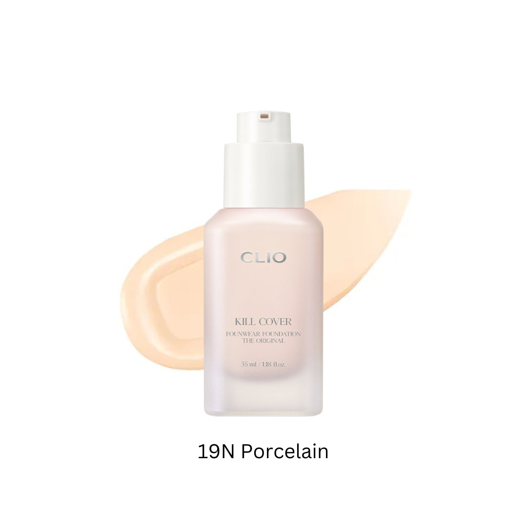 Clio Kill Cover Founwear Foundation The Original 35ml liquid foundation in porcelain shade, with sleek packaging and product label visible.