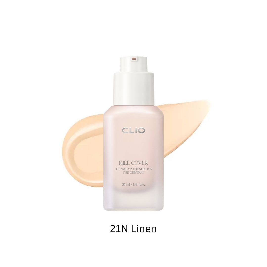 Clio Kill Cover Founwear Foundation The Original 21N Linen liquid foundation in 35ml bottle, smooth skin finish, natural light beige color