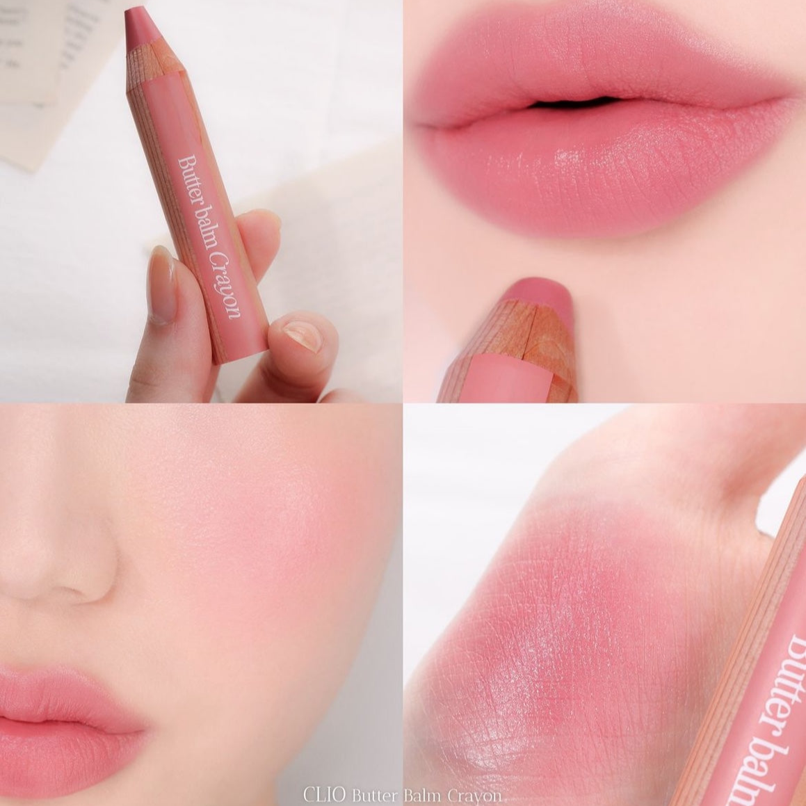 Clio Butter Balm Crayon lipstick in soft pink shade, displayed on a pink poster with a lips watch design.