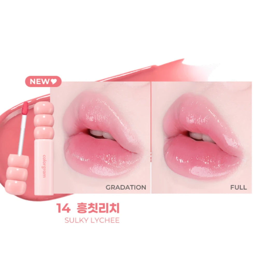 Colorgram Fruity Glass Lip Tint in Sulky Lychee, showcasing a glossy lip tint with a fruity, translucent finish.