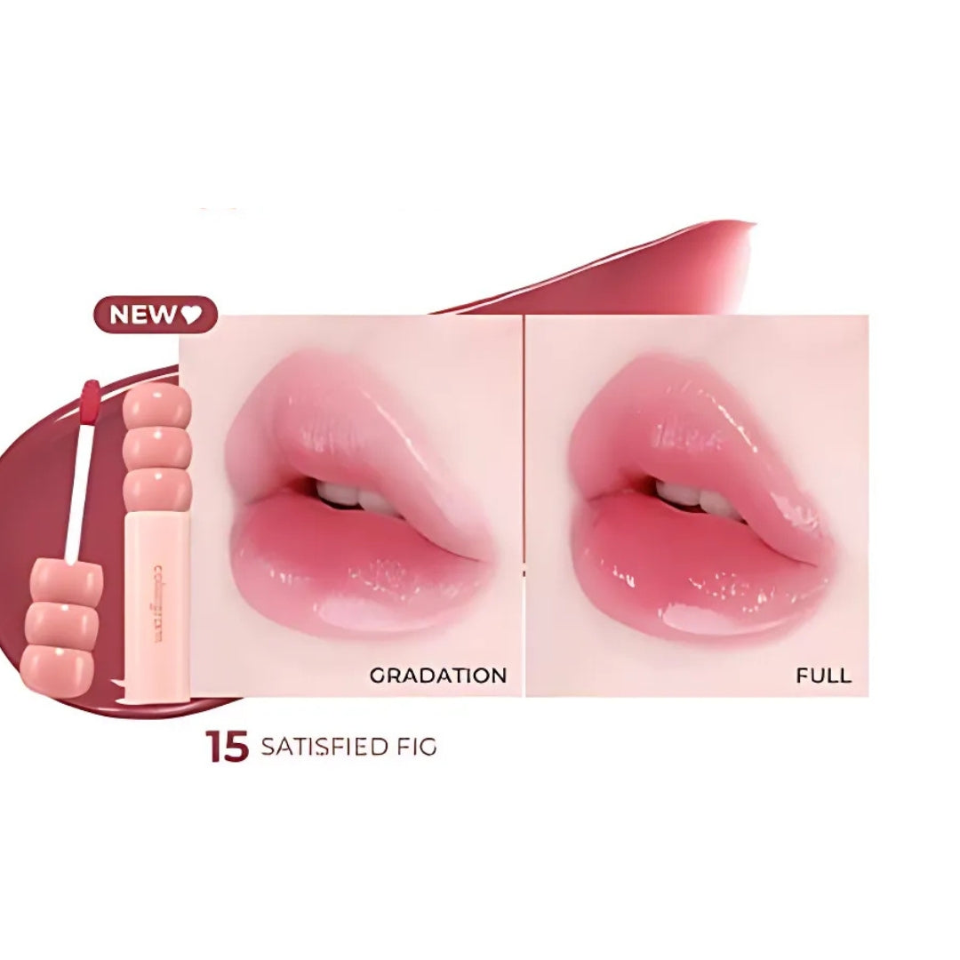 Colorgram Fruity Glass Tint lip tint applied on lips with a glossy, fruity finish in a natural, close-up shot.