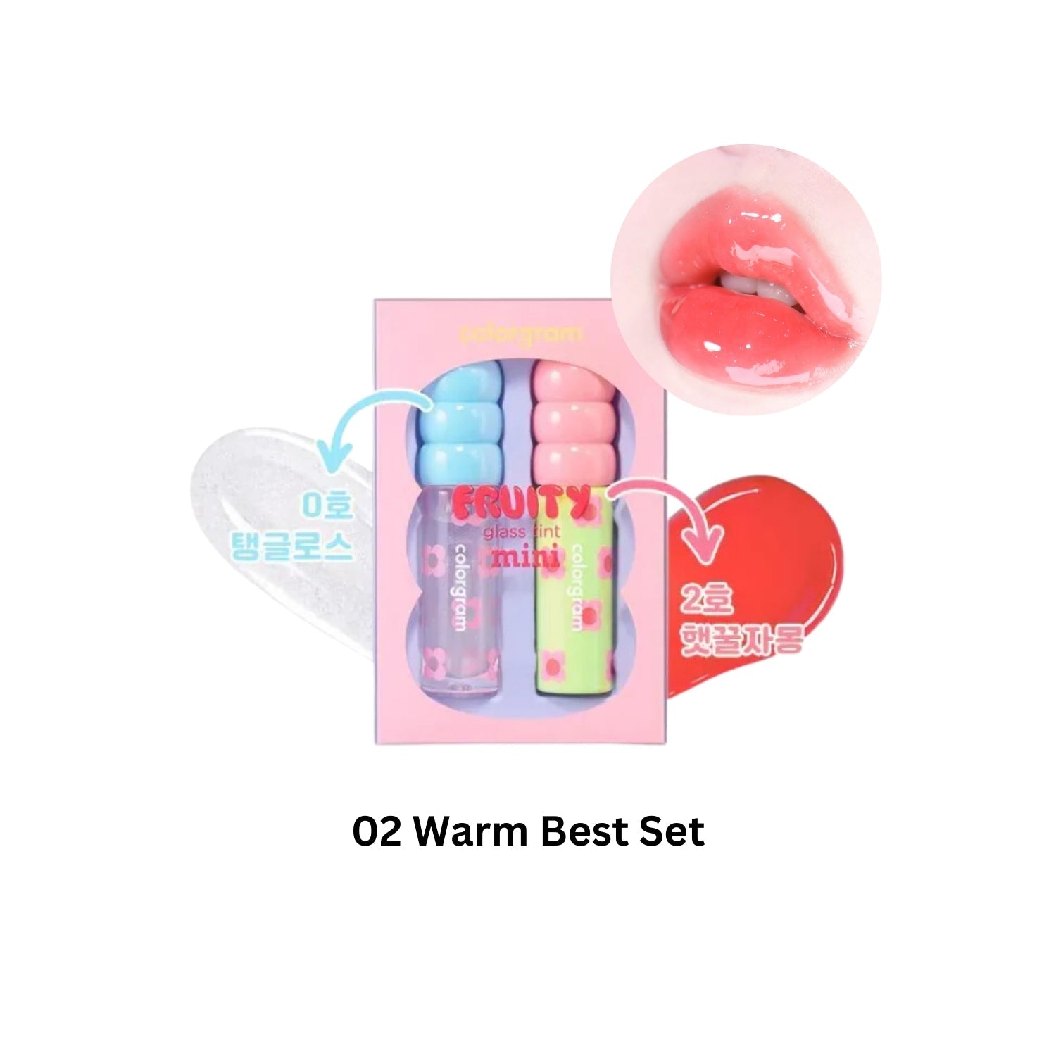 Colorgram Fruity Glass Tint Mini Duo Set lip tints in warm shades displayed in clear glass containers with colorful packaging.