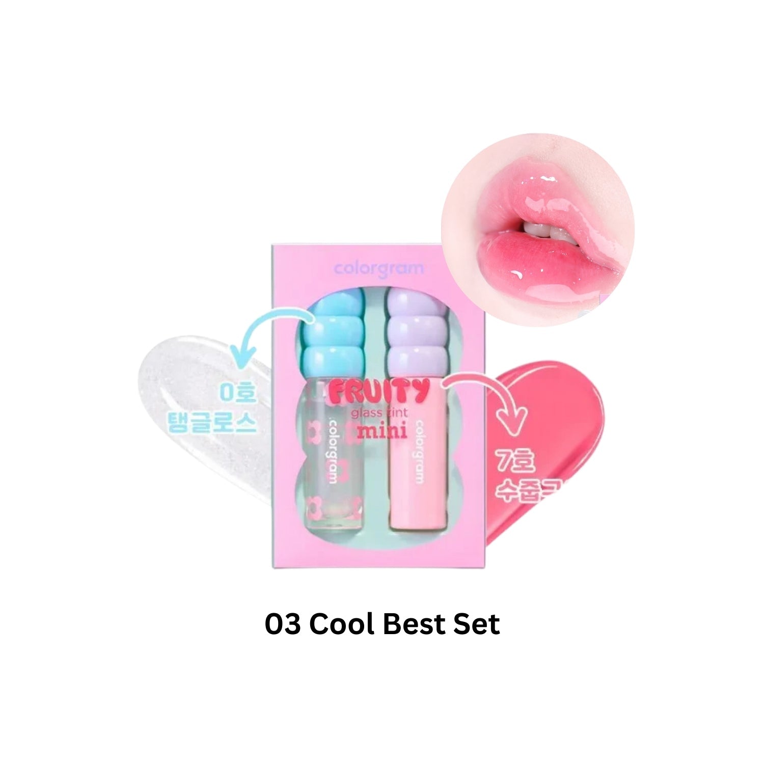 Colorgram Fruity Glass Tint Mini Duo Set featuring two vibrant lip tints in cool shades, displayed in clear glass containers.
