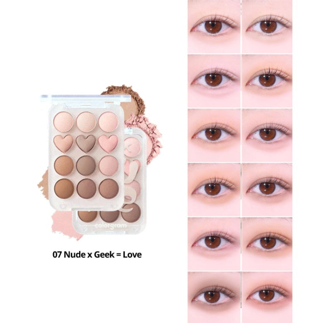 Colorgram Pin Point Eyeshadow Palette with neutral shades, featuring matte and shimmer eyeshadows in compact palette.