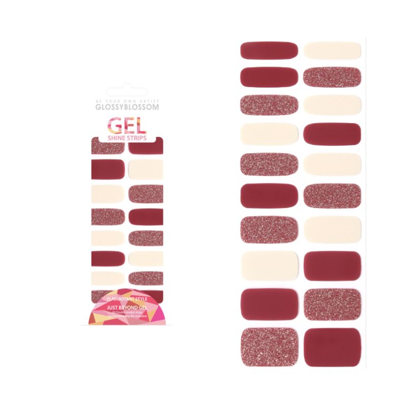 Glossy Blossom Carmine Rose gel nail strips on nails, featuring vibrant red and pink floral design for stylish manicures.
