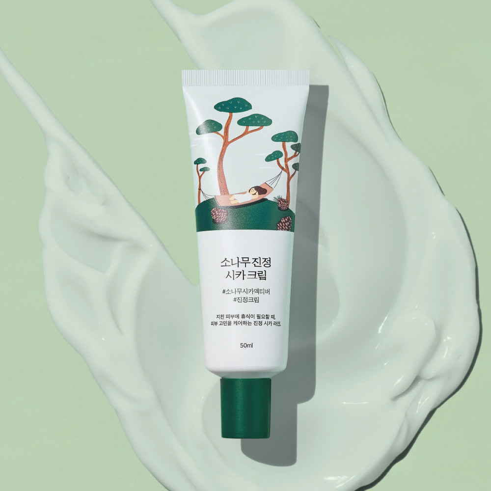 Round Lab Pine Calming Cica Cream 50ml face moisturizer jar with a white and green label, showcasing calming skincare.