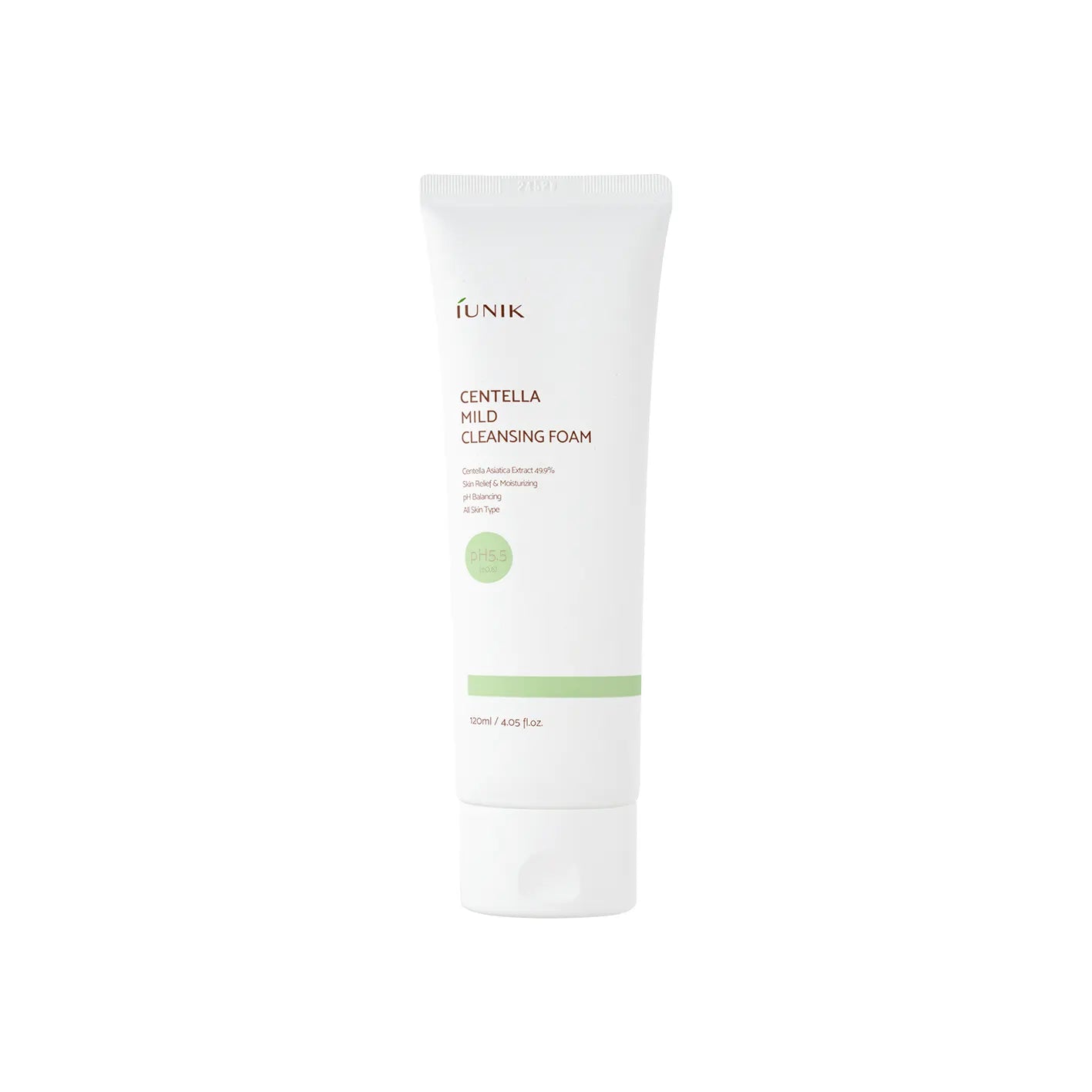 iUNIK Centella Mild Cleansing Foam in a 120ml tube, gentle gel and foam cleanser with centella extract for sensitive skin