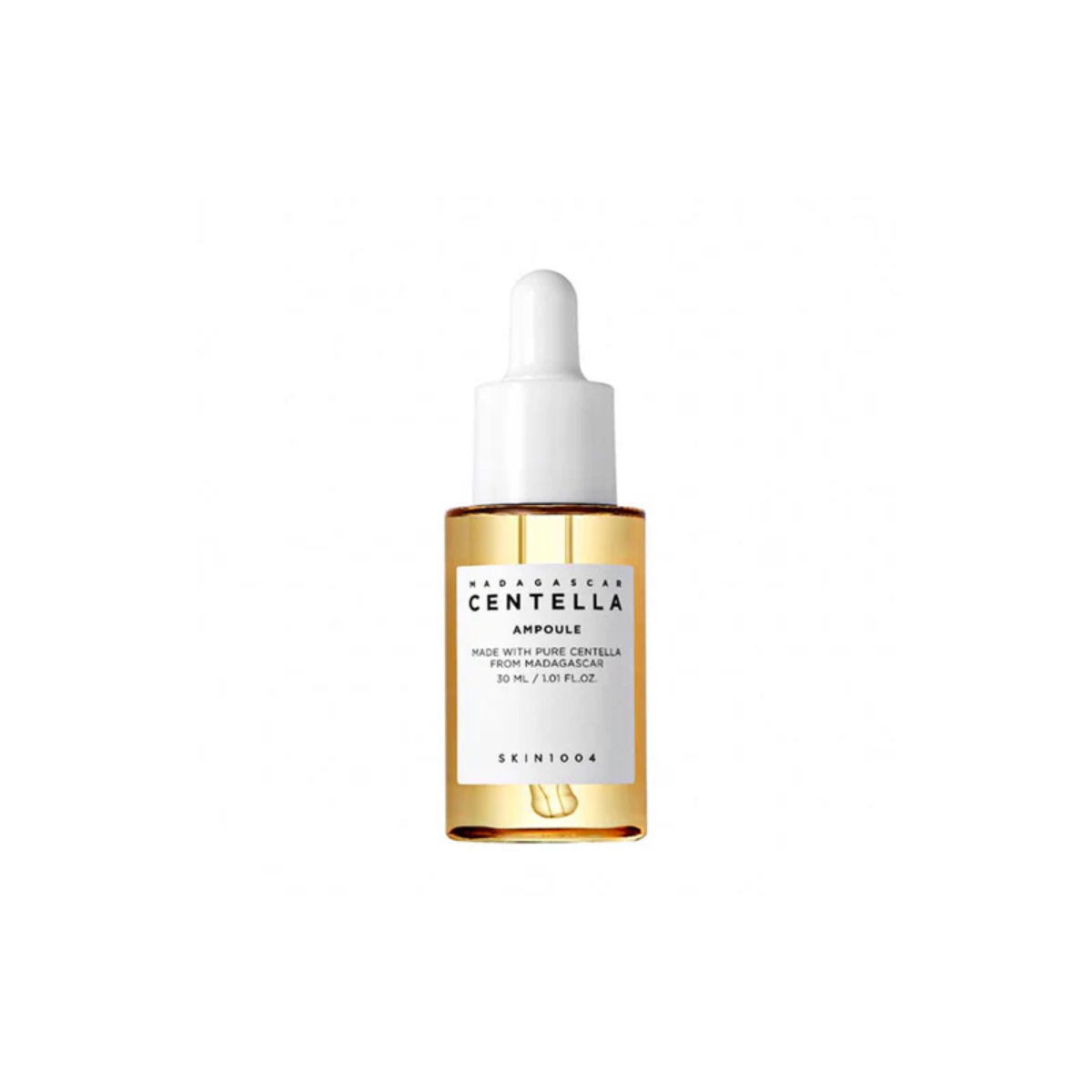 SKIN1004 Madagascar Centella Ampoule in a clear glass bottle, featuring a dropper cap, used for soothing and calming skin.