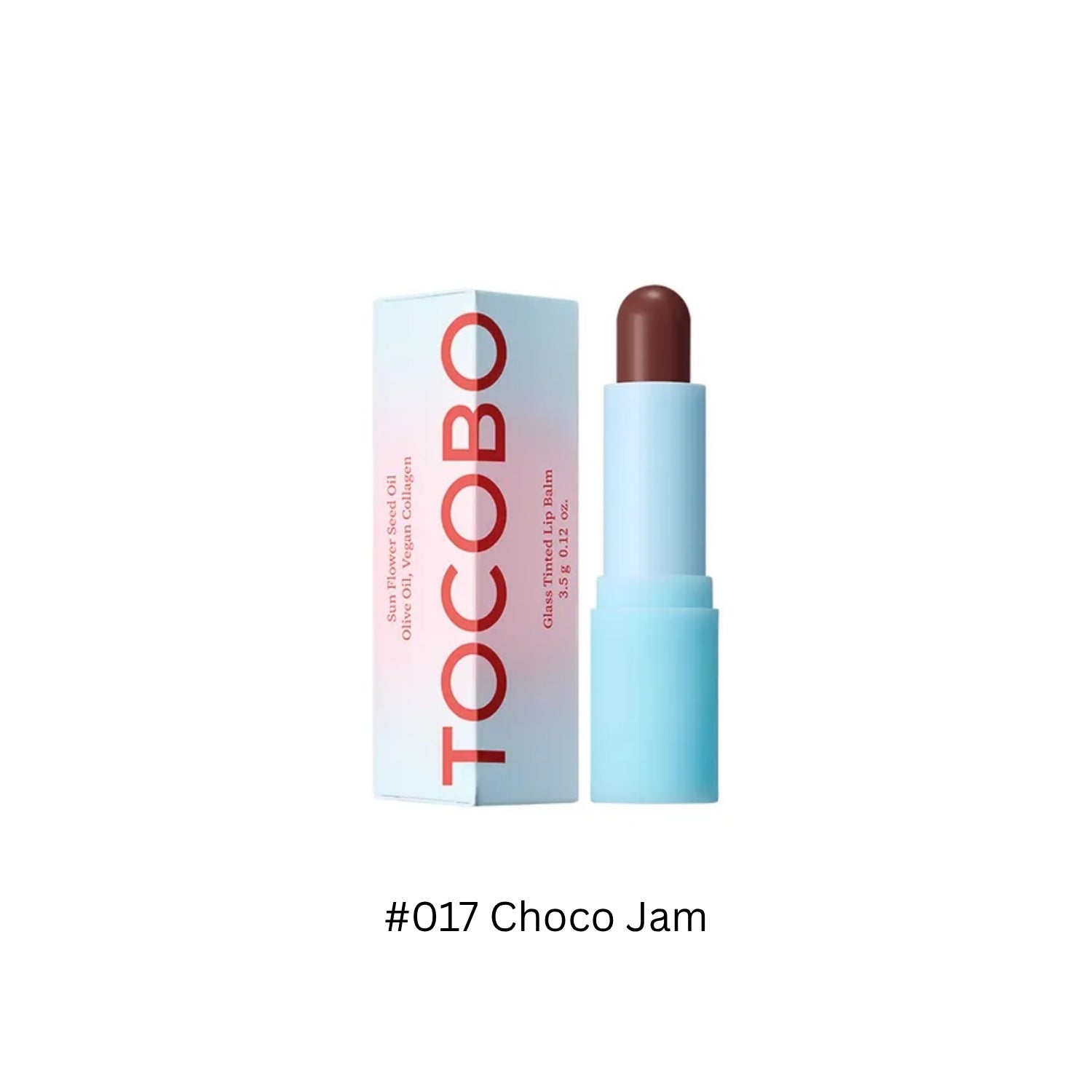 TOCOBO glass tinted lip balm in choco jam shade, showing the sleek container and rich, chocolate-colored balm inside.