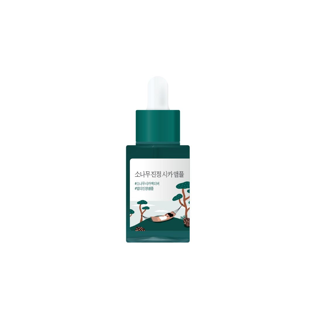 Round Lab Pine Calming Cica Ampoule 30ml bottle with dropper, designed for soothing and calming skincare.