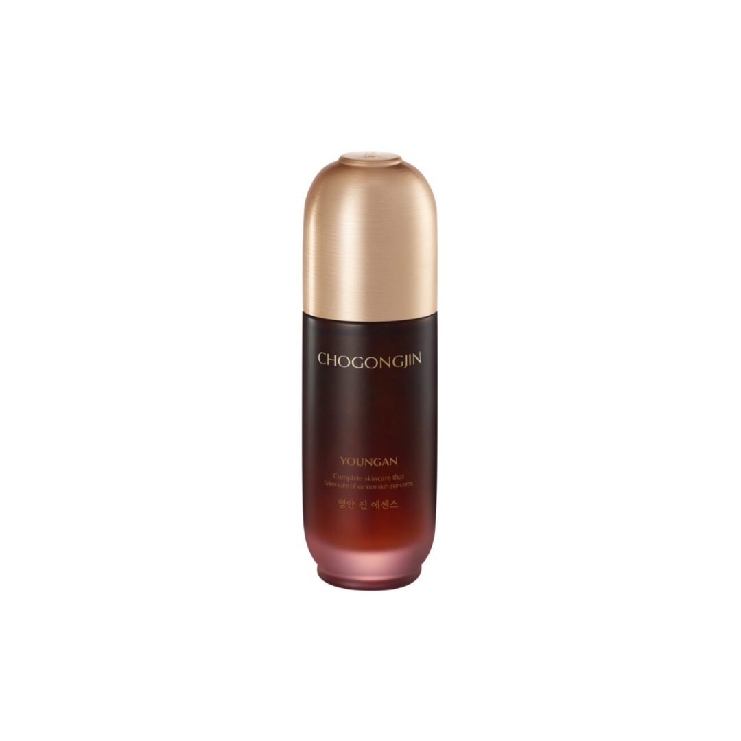 Chogongjin Youngan Jin Essence 50ml bottle with cleansing cream in the background, showcasing skincare product and packaging.