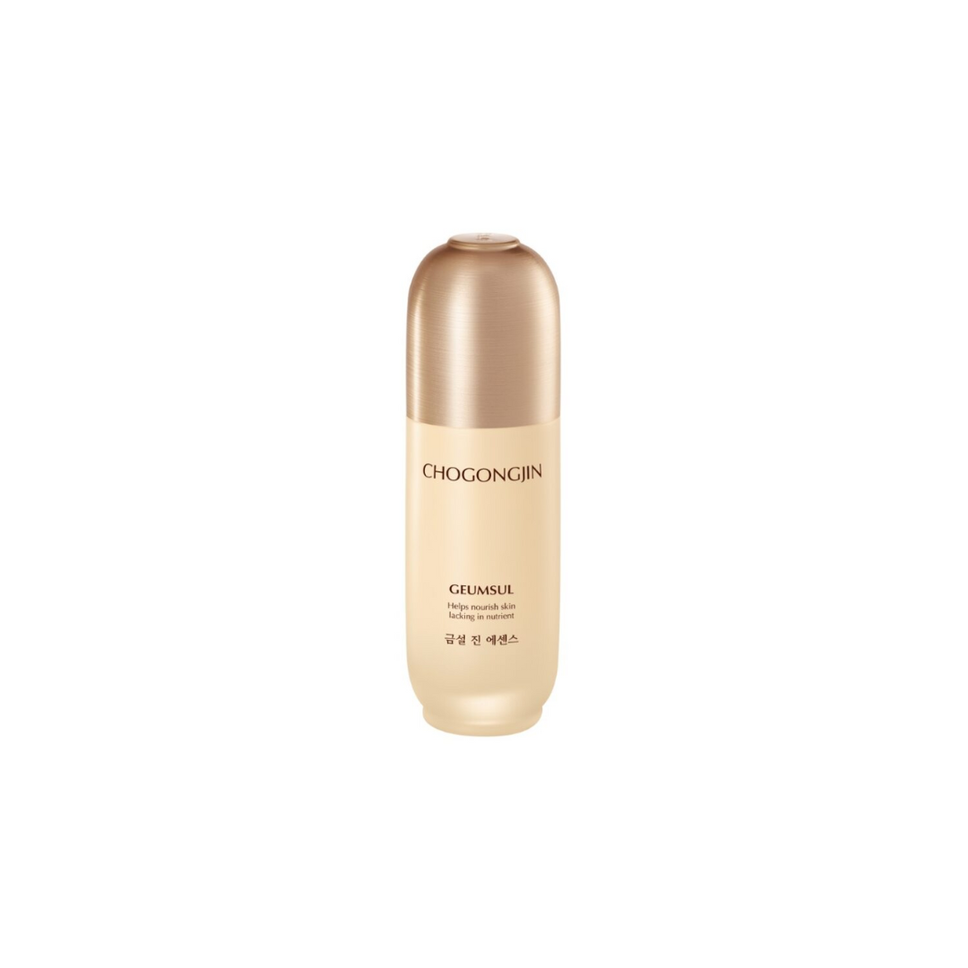 Chogongjin Geumsul Jin Essence 50ml bottle, a skincare essence with traditional herbal ingredients, shown alongside a cleansing cream.
