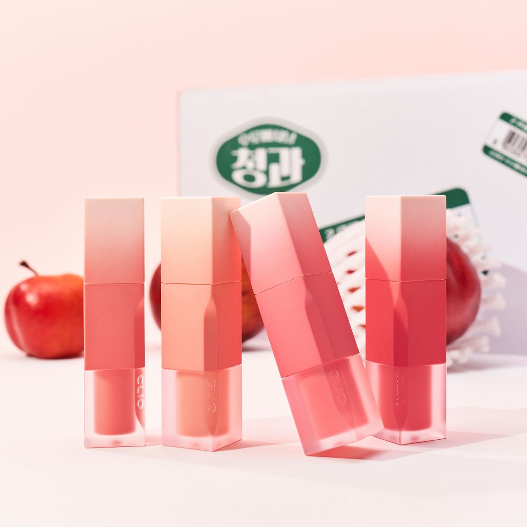 Clio Chiffon Blur Tint lip tint in vibrant fruit-inspired shades, featuring smooth, lightweight texture and glossy finish.