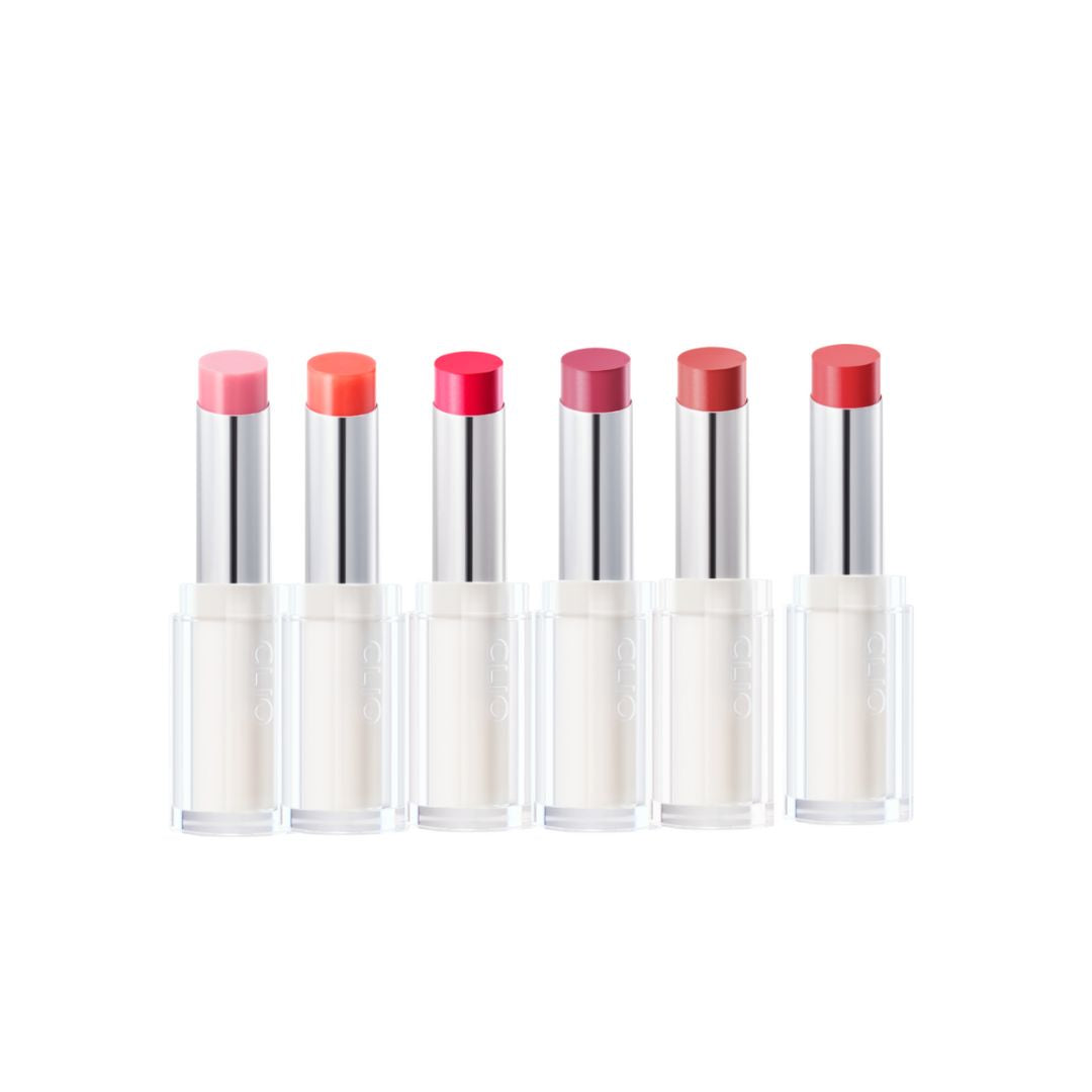 Clio Crystal Glam Balm lipstick in a sleek tube, featuring a shimmering, glossy finish for a radiant lip look.