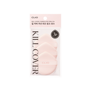 Clio Kill Cover cushion puff set with three pink sponges for makeup application, soft and plush texture for smooth blending.