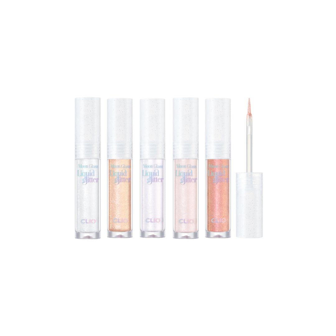 Clio Moon Glass Liquid Glitter Eyeshadow in Sweet Cloud with five shimmering pastel shades, featuring a glossy, sparkling finish.