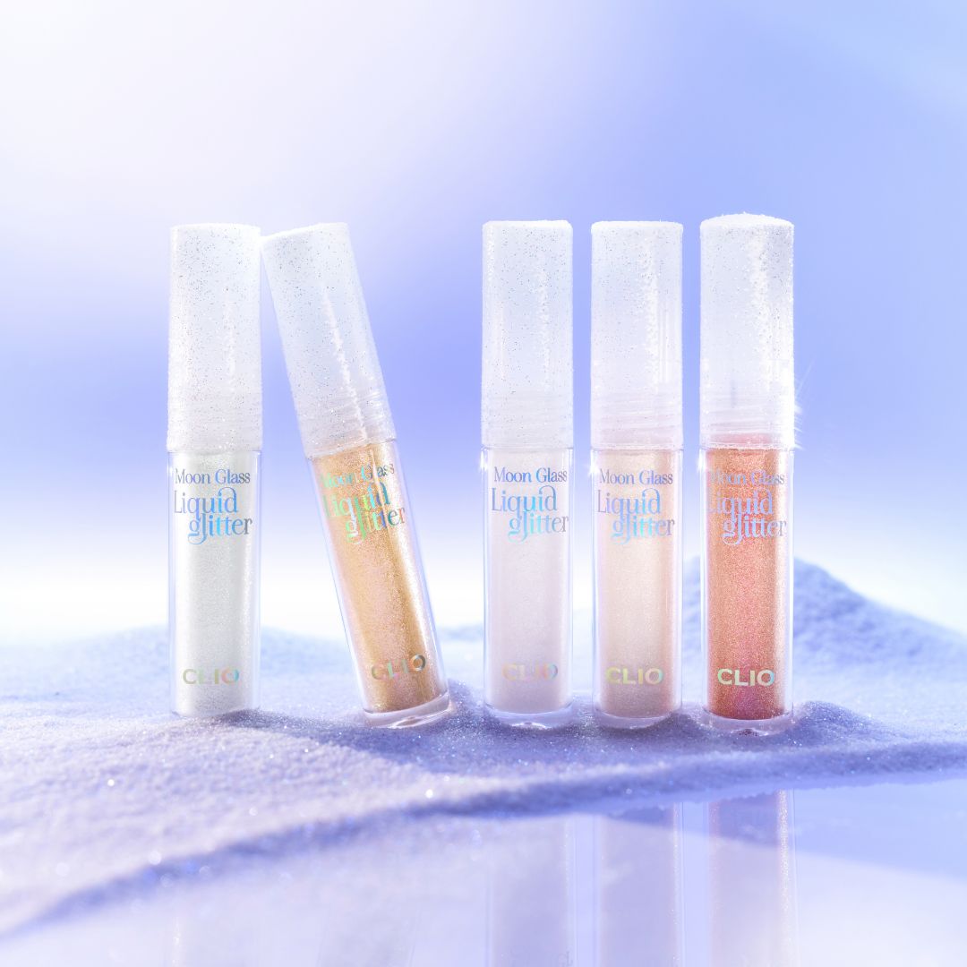 Clio Moon Glass Liquid Glitter Eyeshadow in Sweet Cloud with shimmering silver and pastel tones, showcased on a neutral background.