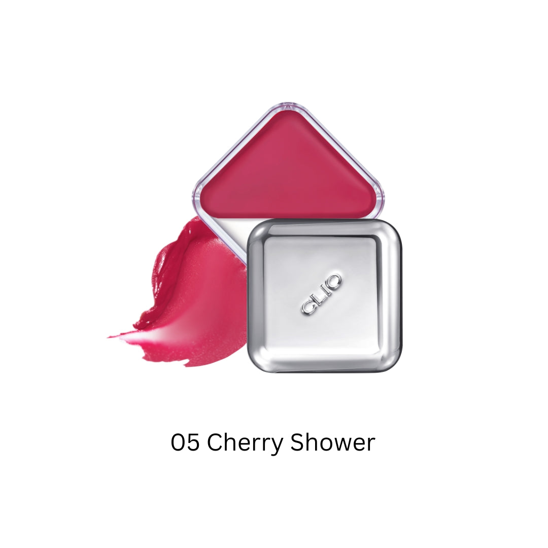 Clio Essential Lipcheek Tap blush in Cherry Shower, showing a vibrant pink-red shade in a sleek compact.