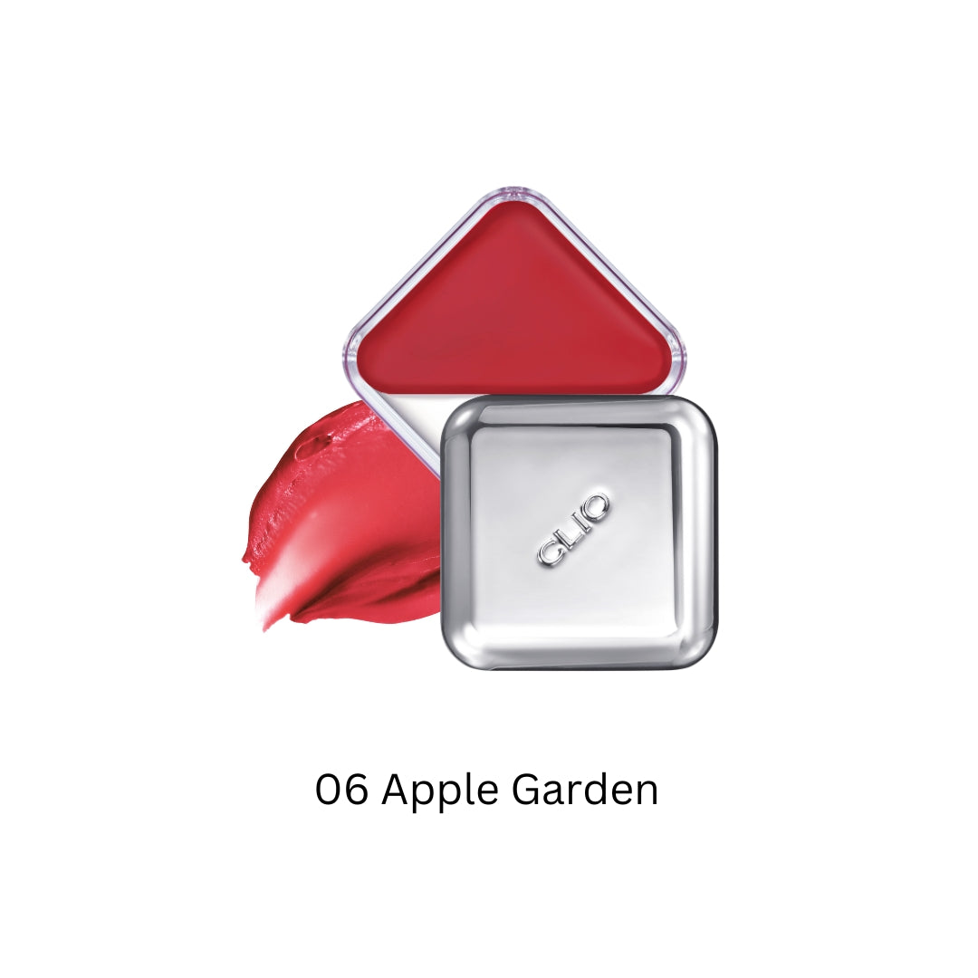 Clio Essential Lipcheek Tap blush in Apple Garden, showing a compact with soft pink and coral shades for lips and cheeks.