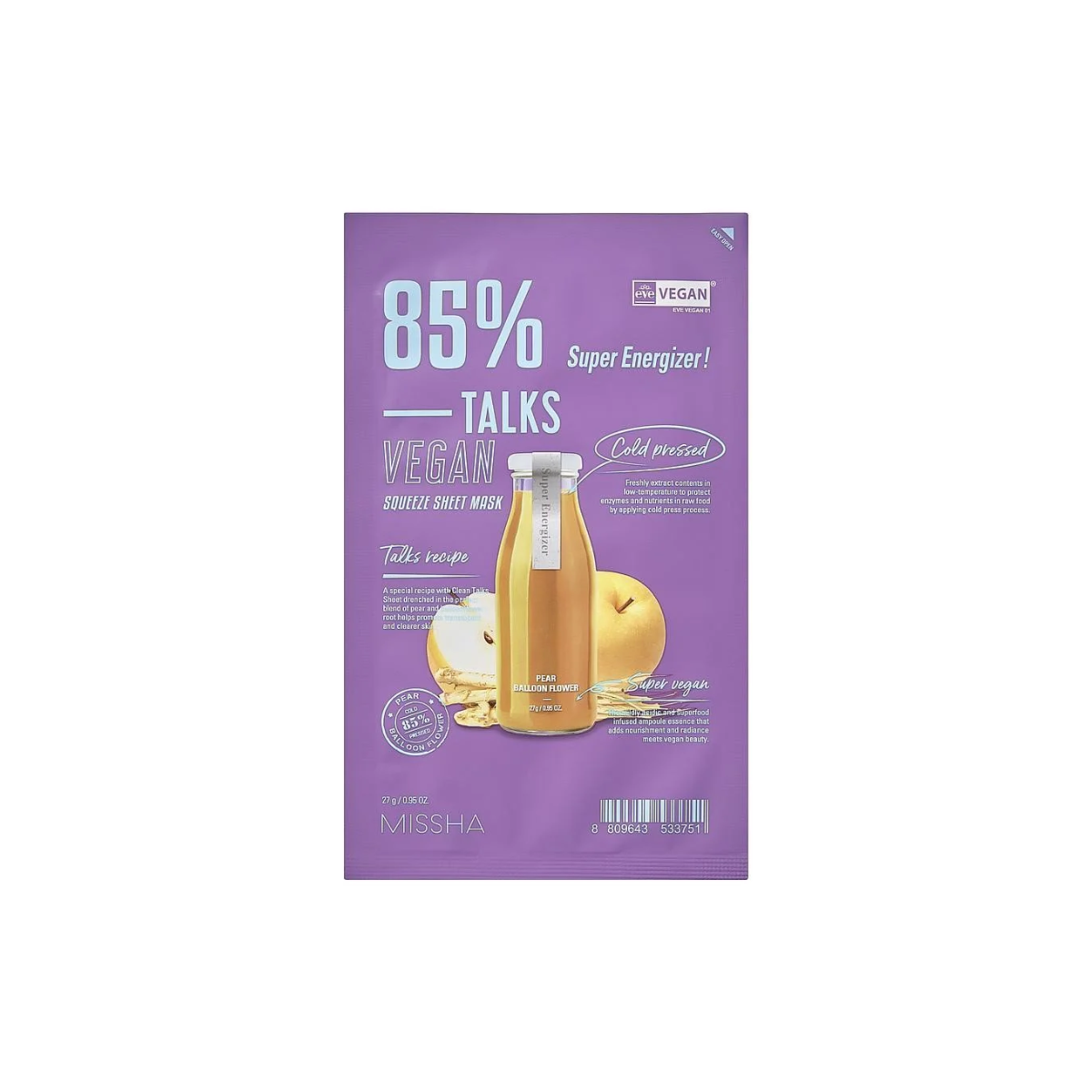 Missha Talks Vegan Super Energizer sheet mask in a sleek packaging, designed for facial skincare and hydration.
