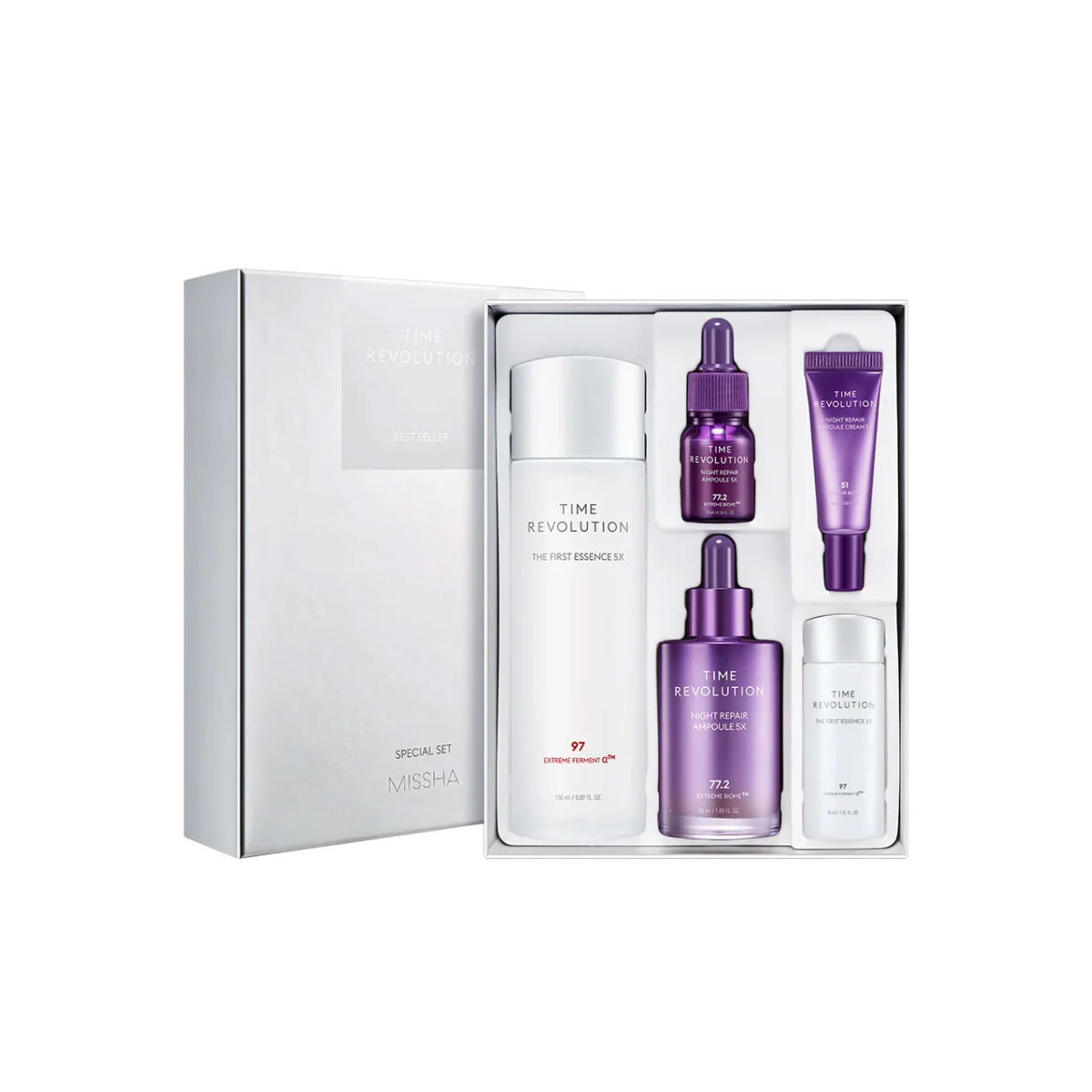 Missha Time Revolution Best Seller Set 5X skincare set with multiple skincare products in white packaging