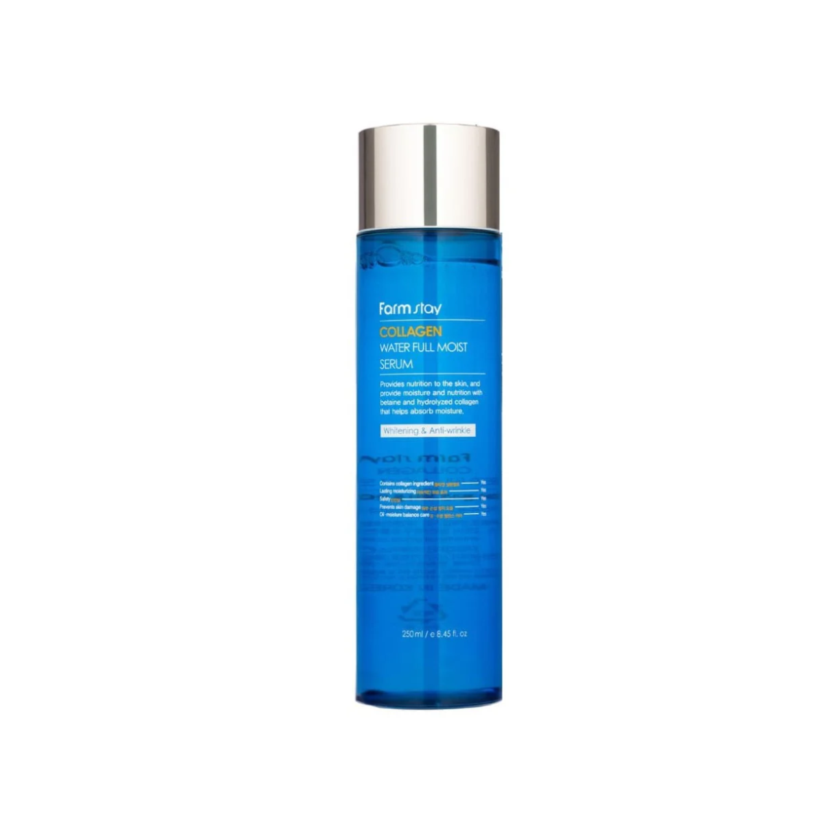 Farmstay Collagen Water Full Moist Serum in 250ml bottle, clear liquid serum with branding label and pump dispenser.