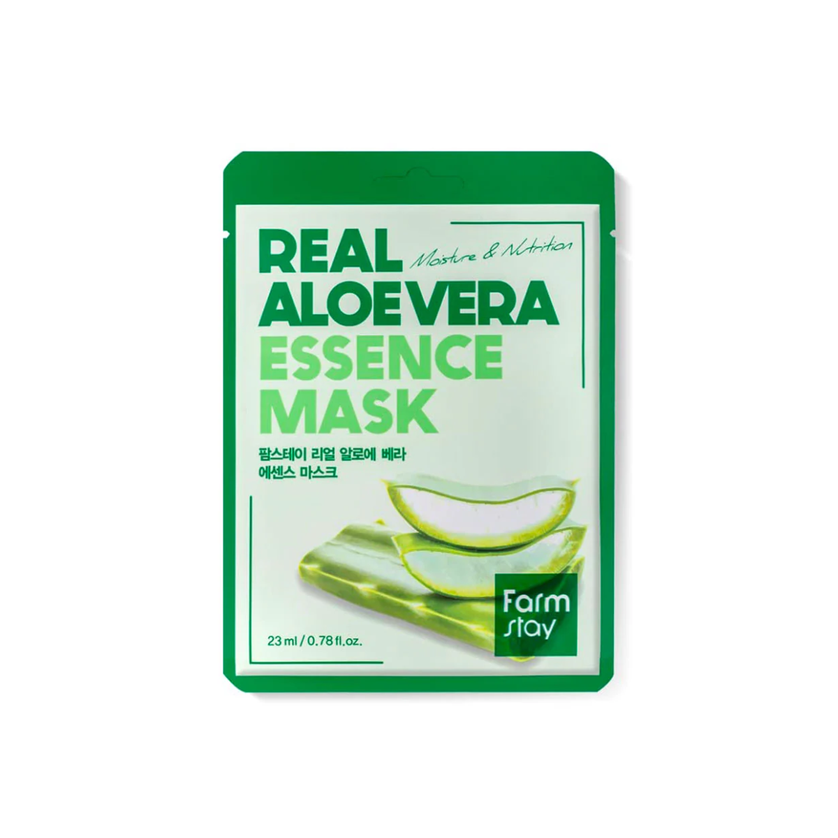 Farmstay Real Aloe Vera Essence Sheet Mask, close-up of the sheet mask with aloe vera extract for soothing skincare.