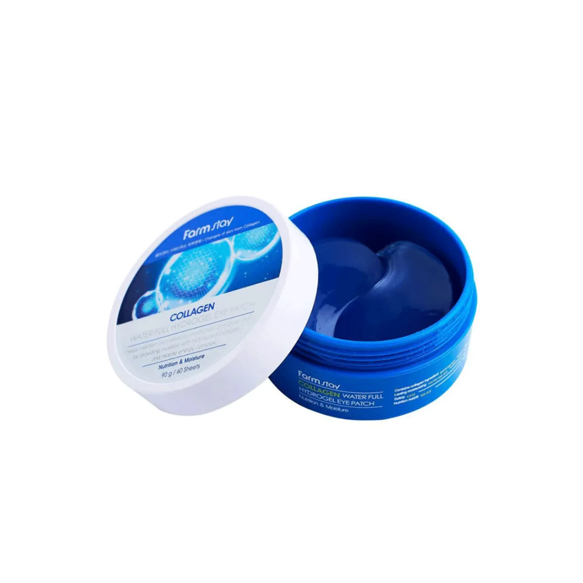 Farmstay Collagen Water Full Hydrogel Eye Patch, 60pcs, showing soothing eye mask patches designed for hydration and skin refreshment.