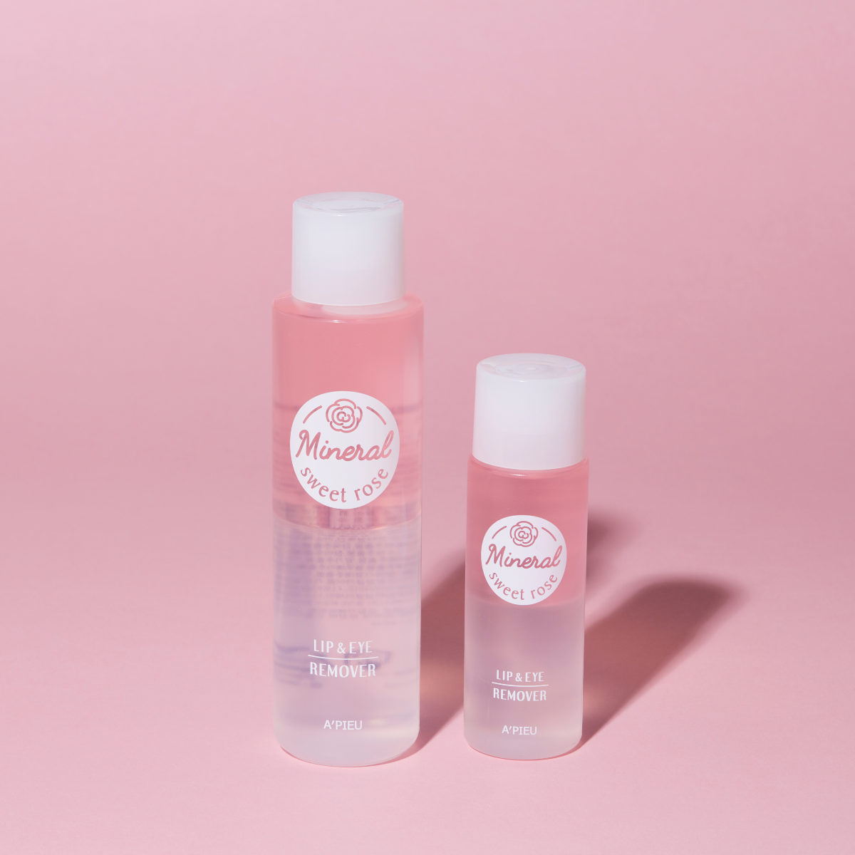 A'pieu Mineral Lip and Eye Makeup Remover bottle with a clear liquid inside, designed for gentle removal of lip and eye makeup.