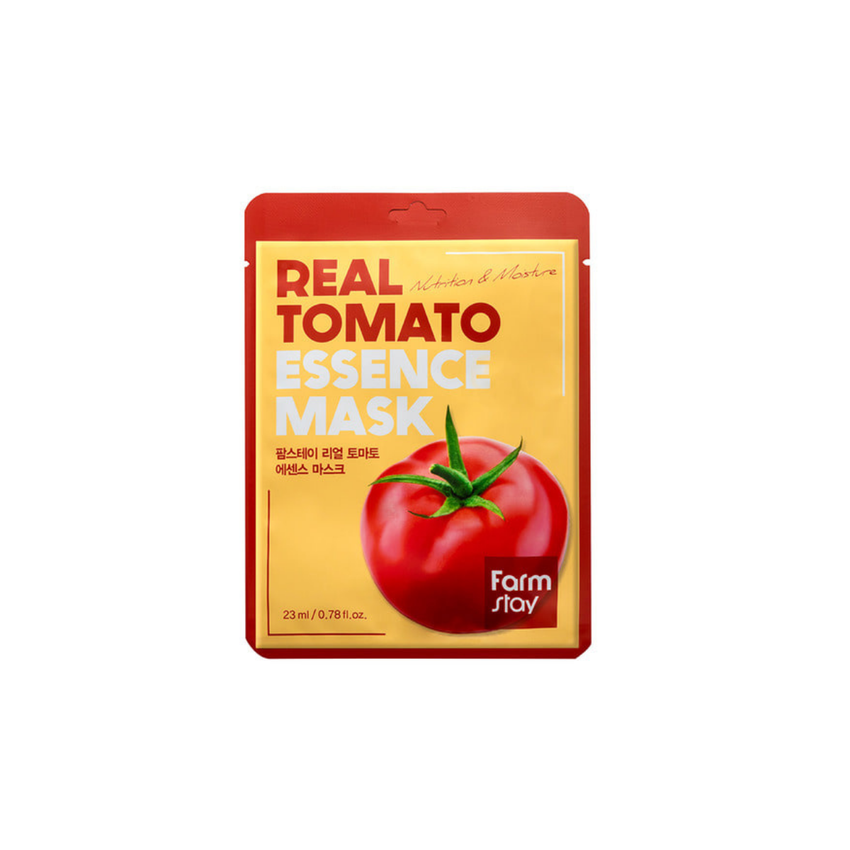 Farmstay Real Tomato Essence Sheet Mask showing a close-up of the mask sheet with tomato extract for nourishing skin.