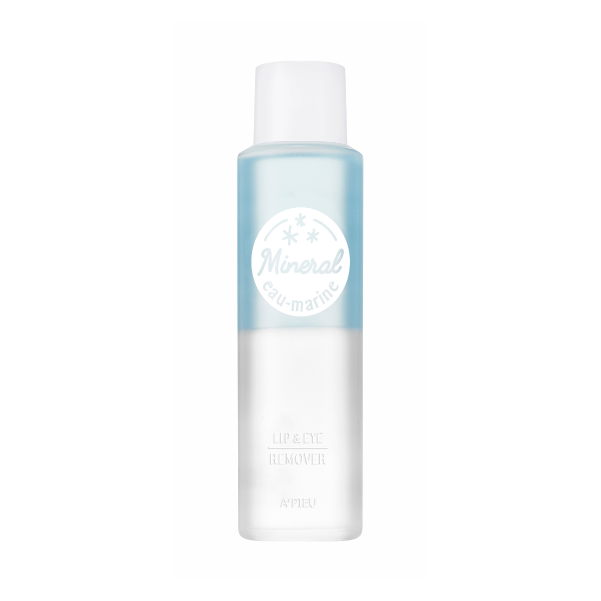 A'pieu Mineral Lip and Eye Makeup Remover in a clear bottle, designed for gentle removal of lip and eye makeup.