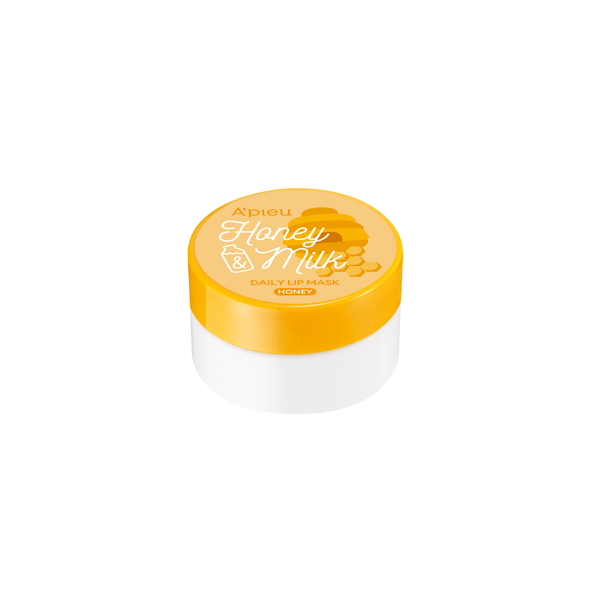 A'pieu Honey & Milk Daily Lip Mask jar with a white lid and label, displayed on a neutral background.