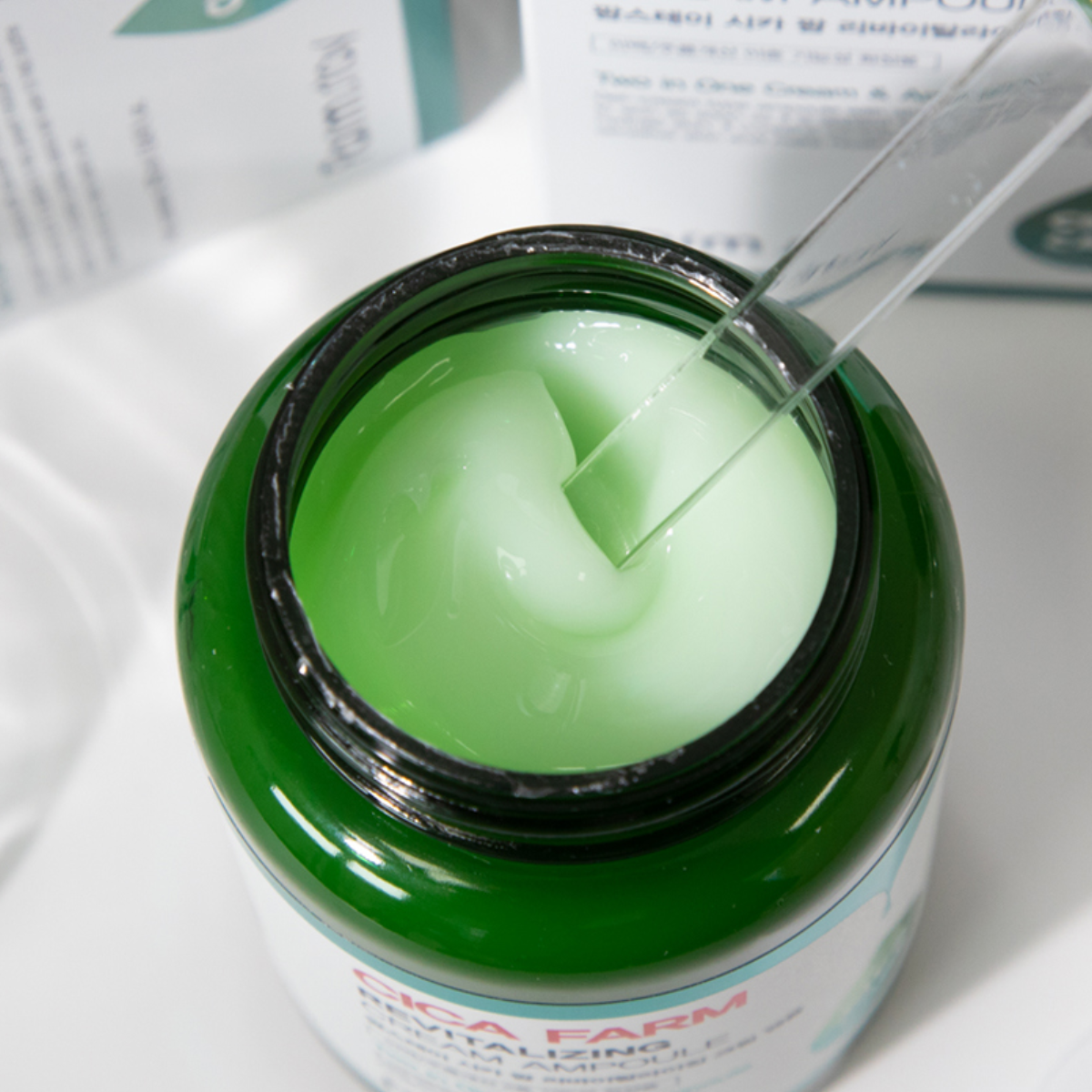 Farmstay Cica Farm Revitalizing Cream Ampoule in a 250ml bottle, showing the ampoule container with label and product packaging.