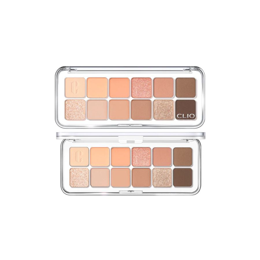 Clio Pro Eye Palette Air eyeshadow palette with vibrant coral and neutral shades, displayed open showing multiple color pans.