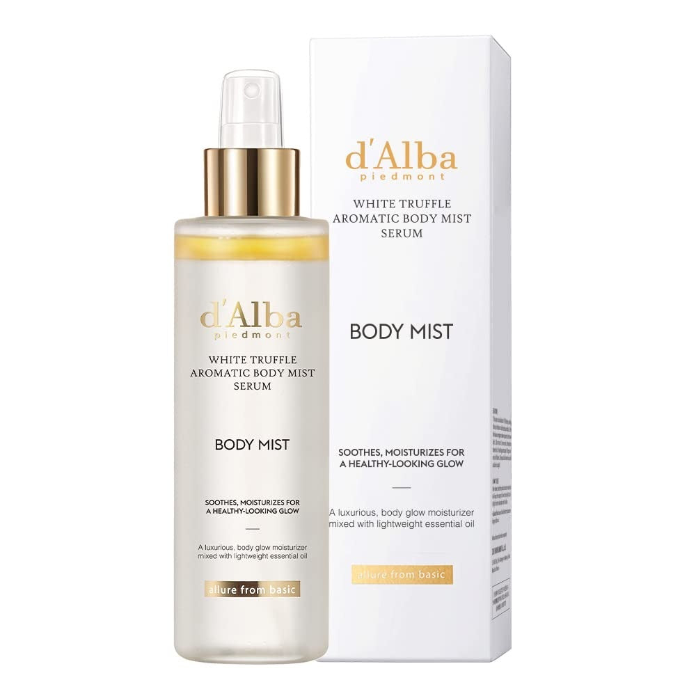 d'Alba White Truffle Aromatic Body Mist Serum in a sleek white bottle, showcasing its elegant design and packaging.