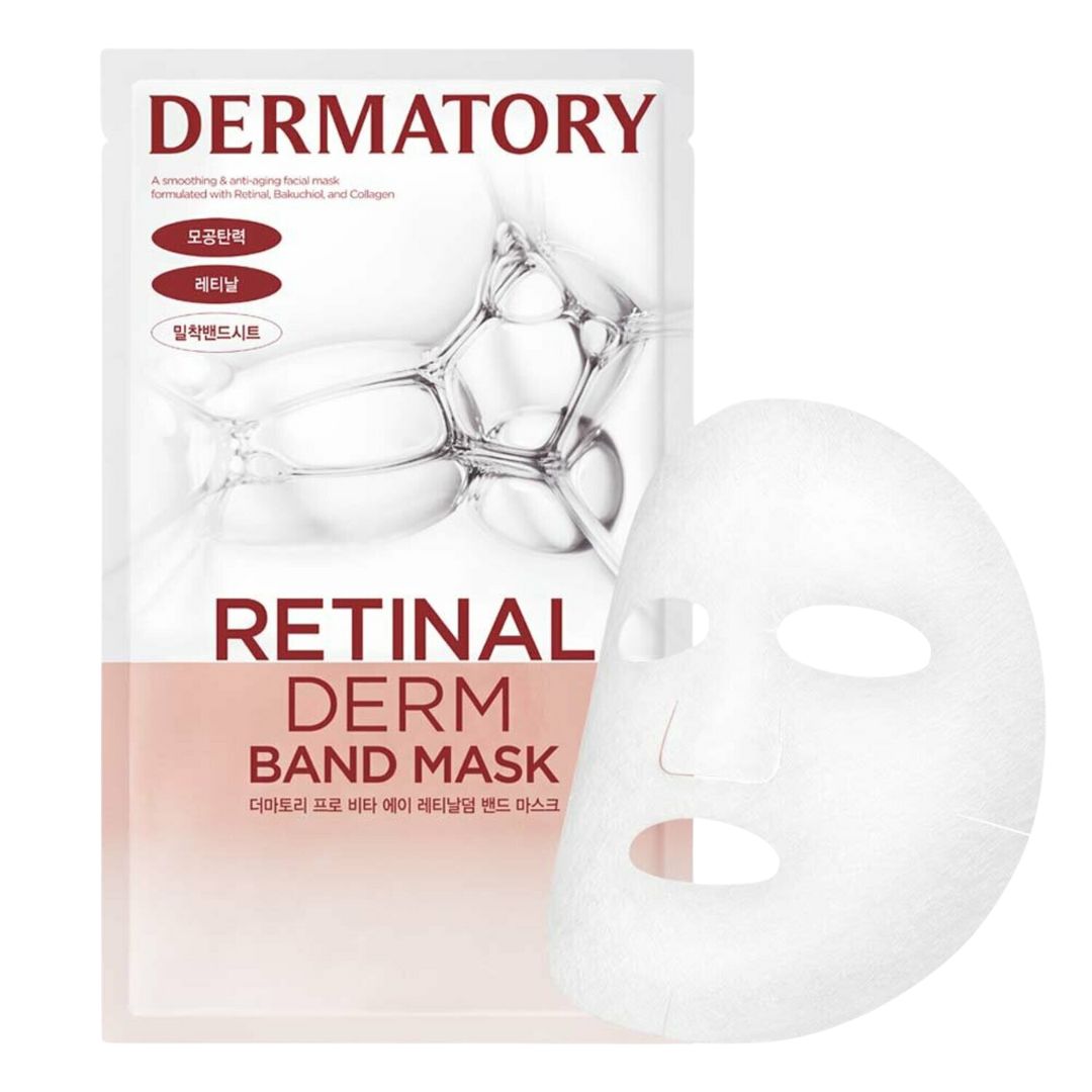 Dermatory Pro Vita-A Retinal Derm Band Mask sheet mask lying flat, showcasing its creamy, hydrating texture for skincare.