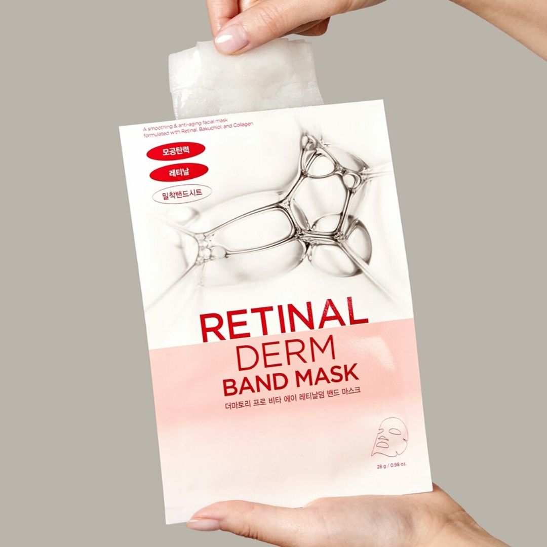 Dermatory Pro Vita-A Retinal Derm Band Mask sheet mask laid flat, showcasing its soothing design for skin renewal and hydration.