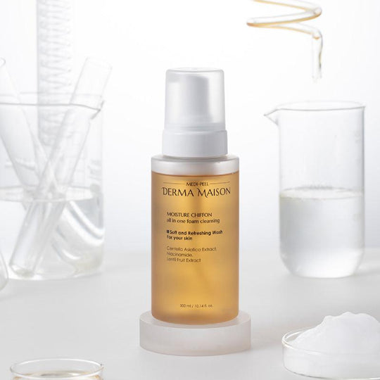 Derma Maison Moisture Chiffon Foam Cleanser in 300ml bottle, showing the gel and foam cleanser with light, airy texture.