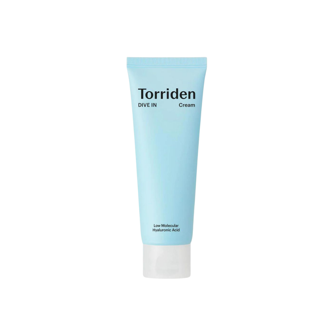 Torriden Dive-In low molecular hyaluronic acid face moisturizer in an 80ml jar showing the creamy texture and packaging.