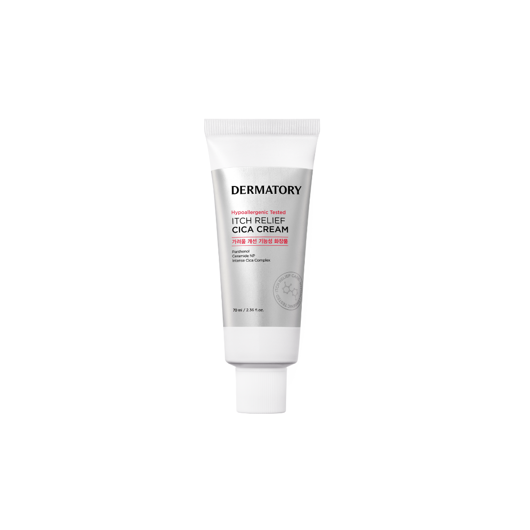 Dermatory hypoallergenic Cica face moisturizer in 70ml jar, designed to soothe skin and relieve itching.