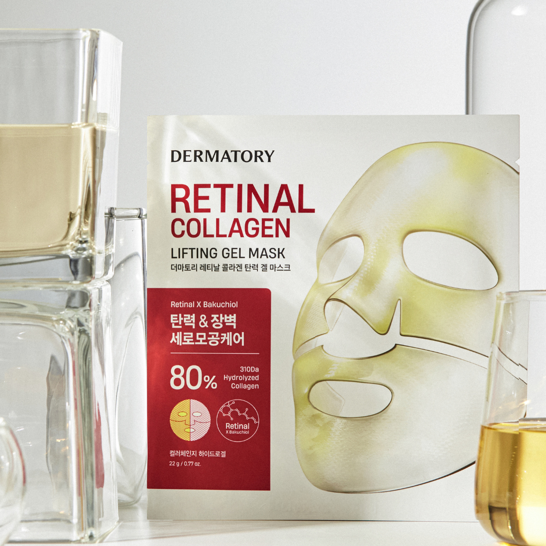 Dermatory Retinal Collagen Lifting Gel Mask sheet mask lying flat, showing its textured surface and packaging details.