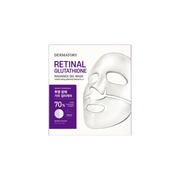 Dermatory Retinal Glutathione Radiance Gel Sheet Mask showing a clear, hydrating mask on a model's face for brightening skin.