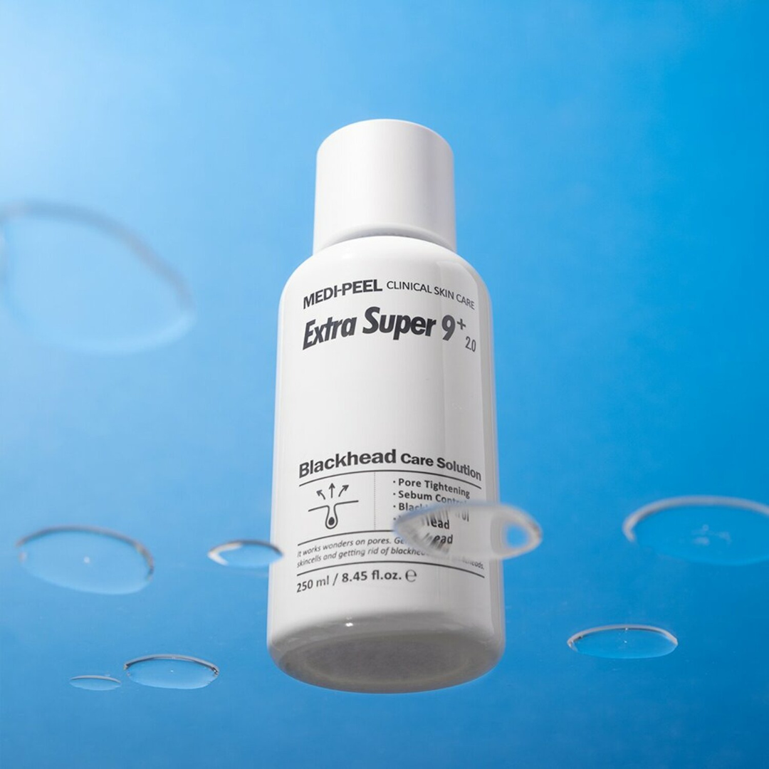 MEDIPEEL+ Extra Super 9 Plus 2.0 exfoliant and scrub in 250ml bottle, designed for gentle skin exfoliation and renewal.