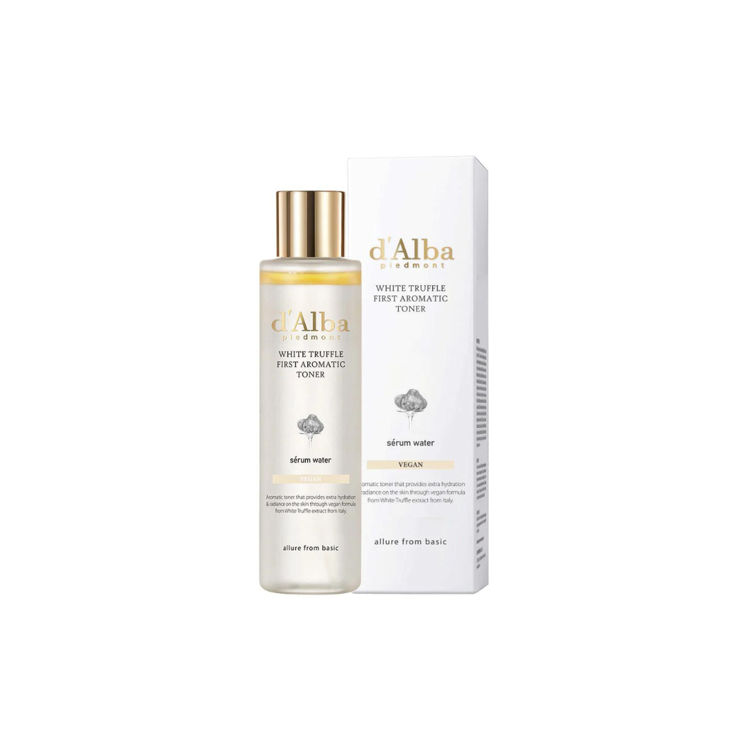White Truffle First Aromatic Toner by d'Alba in a clear 115ml bottle, featuring a white label and minimalist packaging.