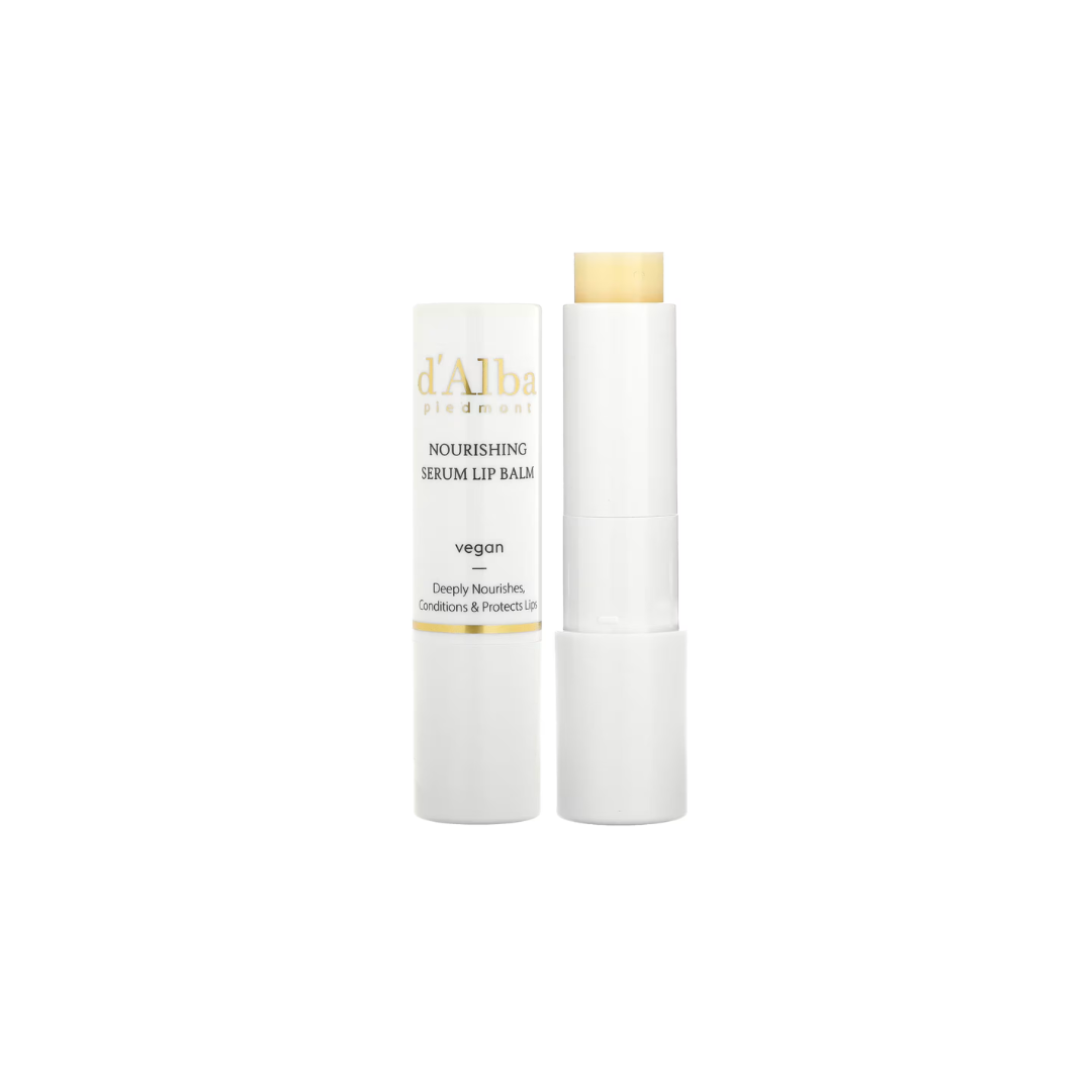 White Truffle Nourishing Lip Balm by d'Alba, 3.6g, in a sleek white tube with a twist-up applicator, showcasing its smooth texture.