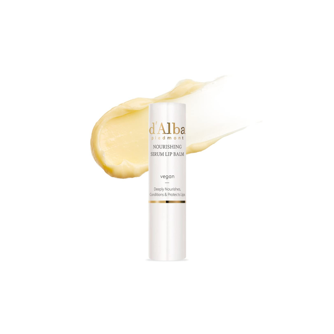 White Truffle Nourishing Serum Lip Balm by d'Alba, 3.6g, featuring a sleek white tube with a gold cap and smooth balm inside.